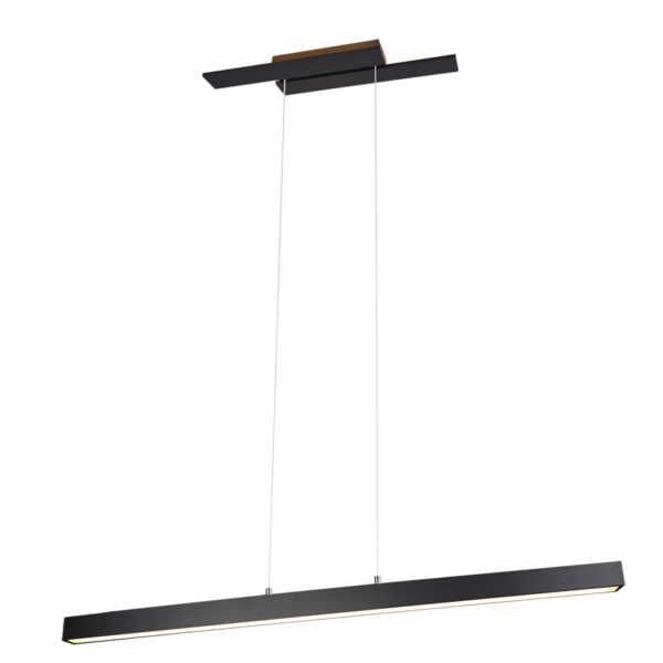 Minimalistische zwarte hanglamp met een dunne, langwerpige horizontale balk die aan twee slanke staven aan een bijpassende rechthoekige plafondbevestiging hangt. De lamp heeft een strak en modern design.