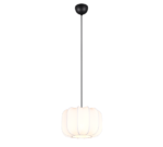 Een moderne hanglamp met een witte, licht klokvormige kap en een zwarte plafondbevestiging. Hij hangt aan een zwart snoer en werpt een zachte gloed.