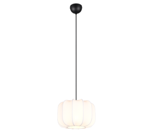 Een moderne hanglamp met een witte, licht klokvormige kap en een zwarte plafondbevestiging. Hij hangt aan een zwart snoer en werpt een zachte gloed.