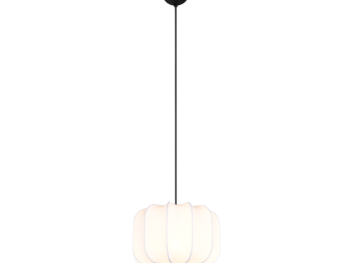 Een moderne hanglamp met een witte, ronde lampenkap die aan een zwarte kabel en plafondbevestiging hangt. Het ontwerp is eenvoudig en minimalistisch, wat zorgt voor een eigentijdse look.