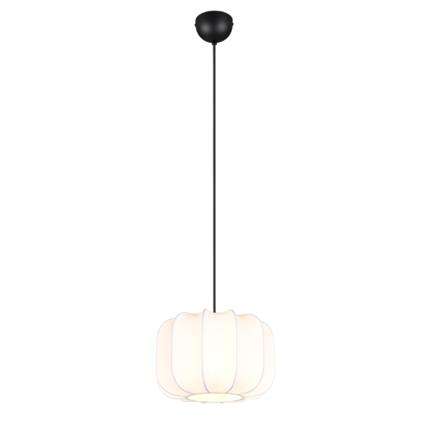 Een moderne hanglamp met een witte, ronde lampenkap die aan een zwarte kabel en plafondbevestiging hangt. Het ontwerp is eenvoudig en minimalistisch, wat zorgt voor een eigentijdse look.