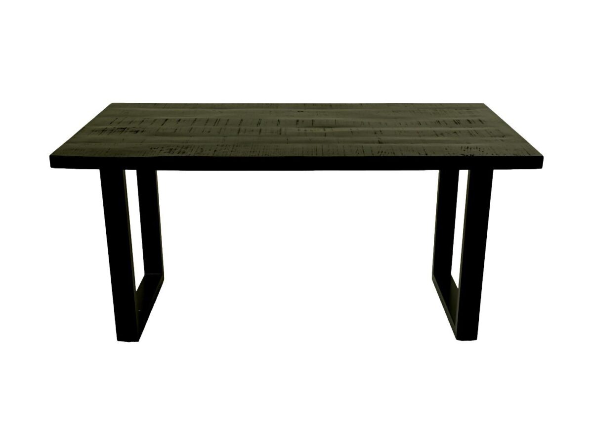 Een rechthoekige houten tafel met een donkere afwerking, met een eenvoudig, modern design. Het heeft een plat blad en twee stevige U-vormige poten. De afbeelding staat op een witte achtergrond.