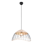 Hanglamp met een koepelvormige, getextureerde glazen kap en een zwarte plafondbevestiging, met een zichtbare gloeilamp erin.