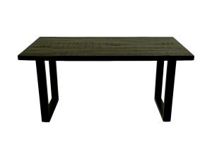 Een rechthoekige houten tafel met een donkere afwerking, met een eenvoudig, modern design. Het heeft een plat blad en twee stevige U-vormige poten. De afbeelding staat op een witte achtergrond.