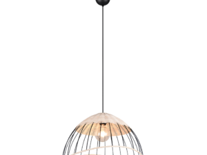 Hanglamp met een koepelvormige, getextureerde glazen kap en een zwarte plafondbevestiging, met een zichtbare gloeilamp erin.