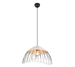 Hanglamp met een koepelvormige, getextureerde glazen kap en een zwarte plafondbevestiging, met een zichtbare gloeilamp erin.