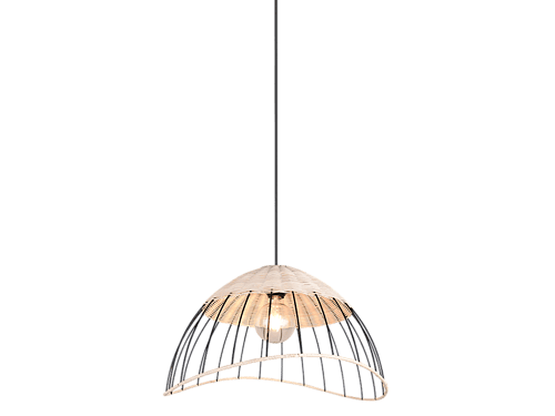Hanglamp met een koepelvormige, getextureerde glazen kap en een zwarte plafondbevestiging, met een zichtbare gloeilamp erin.