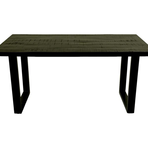 Een rechthoekige houten tafel met een donkere afwerking, met een eenvoudig, modern design. Het heeft een plat blad en twee stevige U-vormige poten. De afbeelding staat op een witte achtergrond.