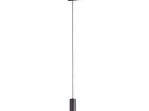 Een strakke, langwerpige zwarte hanglamp met een cilindrische vorm hangt verticaal, met een kleine lichtbron aan de onderkant. Het ontwerp is minimalistisch en eigentijds, geschikt voor moderne interieurs.