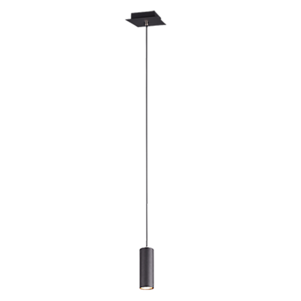 Een strakke, langwerpige zwarte hanglamp met een cilindrische vorm hangt verticaal, met een kleine lichtbron aan de onderkant. Het ontwerp is minimalistisch en eigentijds, geschikt voor moderne interieurs.