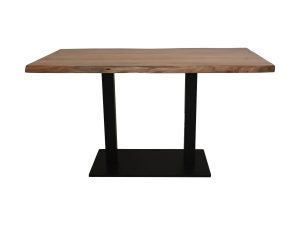 Een rechthoekige houten tafel met een lichtbruin blad en een donker rechthoekig onderstel. Het tafelblad heeft een natuurlijke nerfafwerking. Het onderstel bestaat uit twee verticale steunen die verbonden zijn met een vlakke, brede onderkant.