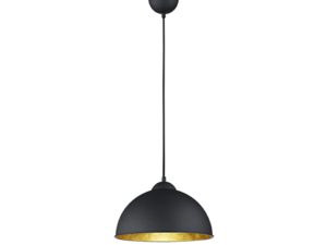 Een moderne hanglamp met een zwarte koepelvormige kap en een gouden binnenkant. Hij hangt aan een zwart snoer en plafondbevestiging, en werpt een warme gloed.