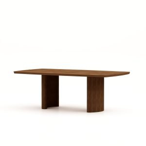 Een moderne rechthoekige houten tafel met een glad blad en twee stevige, halfronde poten. Het hout heeft een rijke bruine afwerking en de tafel staat op een effen witte achtergrond.