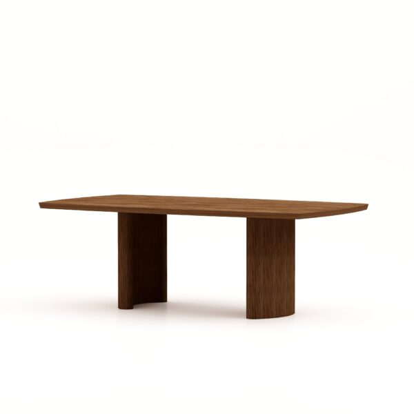 Een moderne rechthoekige houten tafel met een glad blad en twee stevige, halfronde poten. Het hout heeft een rijke bruine afwerking en de tafel staat op een effen witte achtergrond.