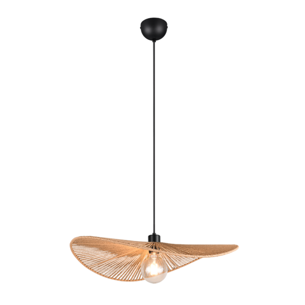 Een moderne hanglamp met één zichtbare gloeilamp, een sculpturale, bladvormige, geweven kap in een natuurlijke tint en een strakke zwarte stang en plafondbevestiging.