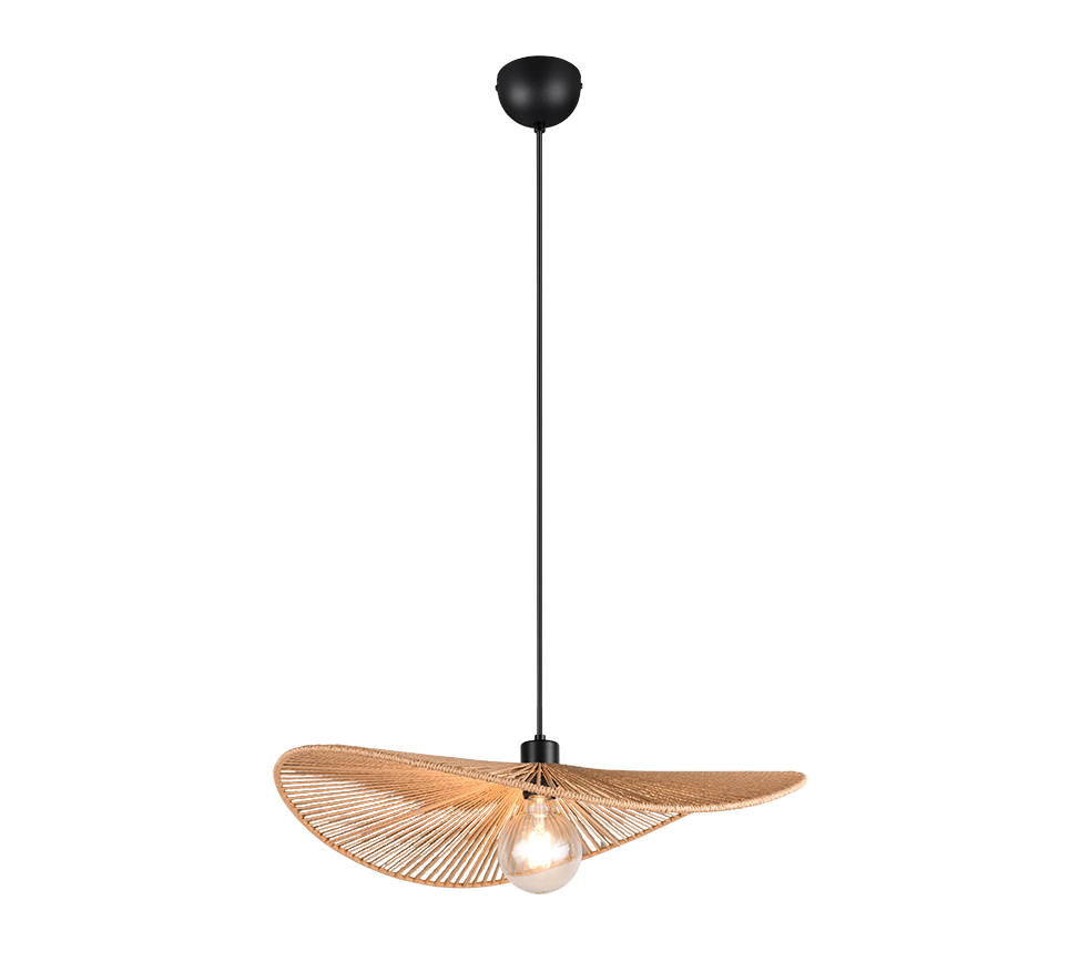 Een moderne hanglamp met één zichtbare gloeilamp, een sculpturale, bladvormige, geweven kap in een natuurlijke tint en een strakke zwarte stang en plafondbevestiging.