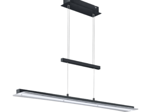 Strakke, moderne zwarte hanglamp met een lange rechthoekige vorm, opgehangen aan het plafond door twee dunne kabels verbonden met een smalle horizontale balk. De lamp heeft een minimalistisch design met vloeiende, strakke lijnen.