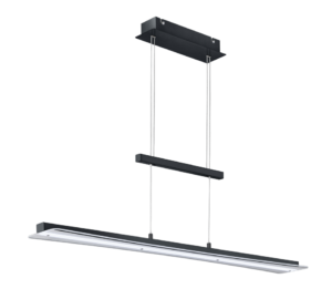 Strakke, moderne zwarte hanglamp met een lange rechthoekige vorm, opgehangen aan het plafond door twee dunne kabels verbonden met een smalle horizontale balk. De lamp heeft een minimalistisch design met vloeiende, strakke lijnen.