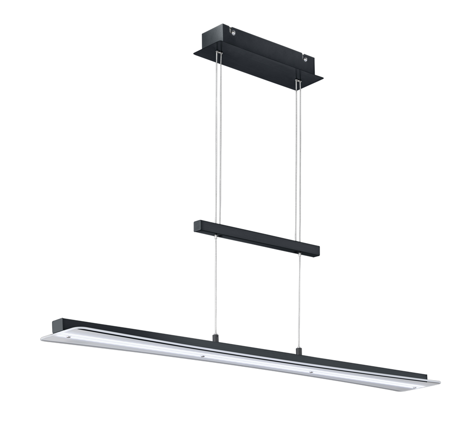 Strakke, moderne zwarte hanglamp met een lange rechthoekige vorm, opgehangen aan het plafond door twee dunne kabels verbonden met een smalle horizontale balk. De lamp heeft een minimalistisch design met vloeiende, strakke lijnen.