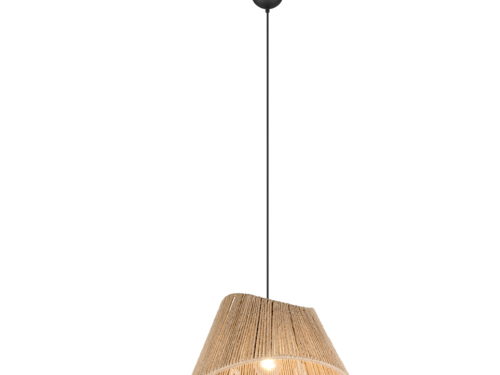 Een moderne hanglamp met een geweven, asymmetrische kap gemaakt van natuurlijke vezels. Het hangt aan een zwart snoer en heeft een zacht gloeiende lamp binnenin. Het ontwerp combineert rustieke en hedendaagse stijlen.