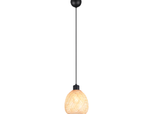 Een hangende hanglamp met een zwart snoer en armatuur. De kap is gemaakt van een geweven rotanmateriaal, gevormd als een ronde kegel, die een warm, zacht licht uitstraalt.