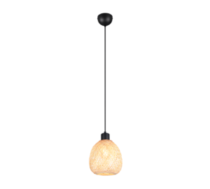 Een hangende hanglamp met een zwart snoer en armatuur. De kap is gemaakt van een geweven rotanmateriaal, gevormd als een ronde kegel, die een warm, zacht licht uitstraalt.