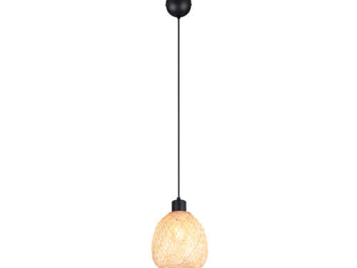 Een hangende hanglamp met een zwart snoer en armatuur. De kap is gemaakt van een geweven rotanmateriaal, gevormd als een ronde kegel, die een warm, zacht licht uitstraalt.