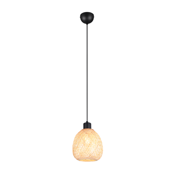 Een hangende hanglamp met een zwart snoer en armatuur. De kap is gemaakt van een geweven rotanmateriaal, gevormd als een ronde kegel, die een warm, zacht licht uitstraalt.