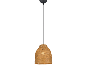 Een hangende hanglamp met een zwart snoer en een getextureerde, cilindrische, geweven rotan kap. Het licht straalt een warme gloed uit door het geweven materiaal, wat een gezellige sfeer creëert.