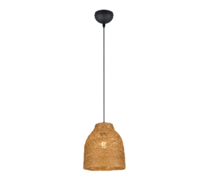 Een hangende hanglamp met een zwart snoer en een getextureerde, cilindrische, geweven rotan kap. Het licht straalt een warme gloed uit door het geweven materiaal, wat een gezellige sfeer creëert.