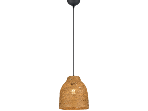 Een hangende hanglamp met een zwart snoer en een getextureerde, cilindrische, geweven rotan kap. Het licht straalt een warme gloed uit door het geweven materiaal, wat een gezellige sfeer creëert.