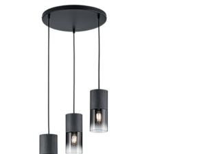 Een moderne hanglamp 150 cm met drie cilindrische glazen kappen die aan zwarte snoeren aan een ronde zwarte basis hangen. Elke kap bevat een zichtbare lamp die zacht licht uitstraalt. Het minimalistische ontwerp voegt een elegante toets toe.