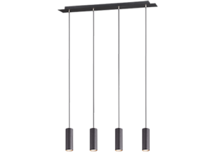 Een moderne hanglamp met vijf langwerpige rechthoekige panelen in donkere tinten. Elk paneel heeft een klein lampje aan de onderkant en ze hangen in een rij aan een enkele horizontale balk. Het ontwerp is strak en eigentijds.