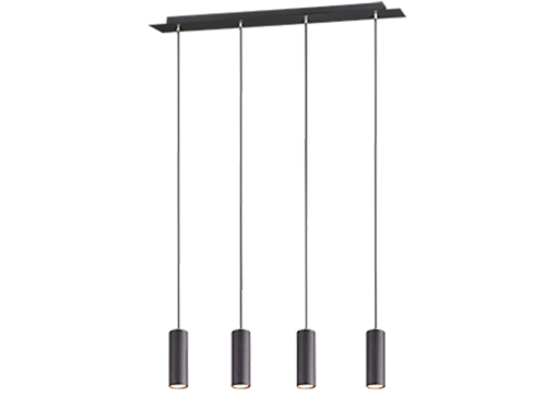 Een moderne hanglamp met vijf langwerpige rechthoekige panelen in donkere tinten. Elk paneel heeft een klein lampje aan de onderkant en ze hangen in een rij aan een enkele horizontale balk. Het ontwerp is strak en eigentijds.