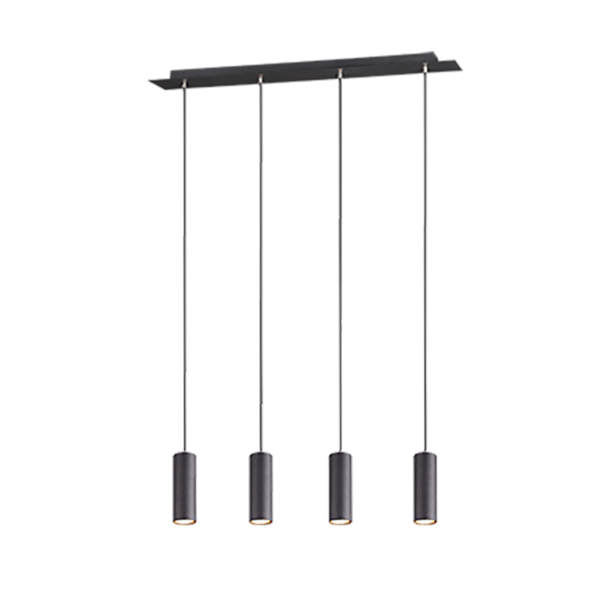 Een moderne hanglamp met vijf langwerpige rechthoekige panelen in donkere tinten. Elk paneel heeft een klein lampje aan de onderkant en ze hangen in een rij aan een enkele horizontale balk. Het ontwerp is strak en eigentijds.