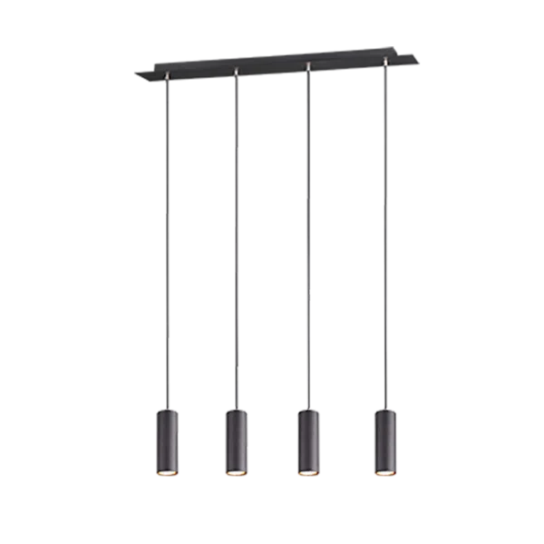 Een moderne hanglamp met vijf langwerpige rechthoekige panelen in donkere tinten. Elk paneel heeft een klein lampje aan de onderkant en ze hangen in een rij aan een enkele horizontale balk. Het ontwerp is strak en eigentijds.