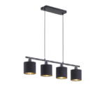 Een moderne hanglamp met vier cilindrische zwarte lampenkappen op een rij, opgehangen aan twee zwarte kabels aan een rechthoekige plafondbevestiging. De binnenkanten van de lampenkappen hebben een contrasterende gouden kleur.