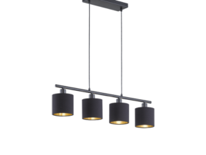 Een moderne hanglamp met vier cilindrische zwarte lampenkappen op een rij, opgehangen aan twee zwarte kabels aan een rechthoekige plafondbevestiging. De binnenkanten van de lampenkappen hebben een contrasterende gouden kleur.