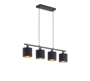 Een moderne hanglamp met vier cilindrische zwarte lampenkappen op een rij, opgehangen aan twee zwarte kabels aan een rechthoekige plafondbevestiging. De binnenkanten van de lampenkappen hebben een contrasterende gouden kleur.