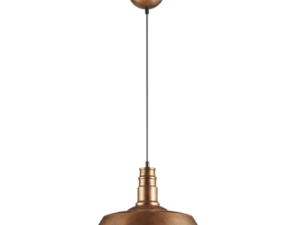 Een koperkleurige hanglamp met een ronde, metalen kap en een zwart snoer, ontworpen om aan het plafond te hangen. De lamp heeft een vintage industriële stijl met een warme, rustieke afwerking.
