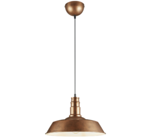 Een koperkleurige hanglamp met een ronde, metalen kap en een zwart snoer, ontworpen om aan het plafond te hangen. De lamp heeft een vintage industriële stijl met een warme, rustieke afwerking.