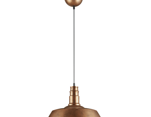 Een koperkleurige hanglamp met een ronde, metalen kap en een zwart snoer, ontworpen om aan het plafond te hangen. De lamp heeft een vintage industriële stijl met een warme, rustieke afwerking.