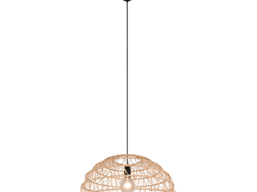 Een hanglamp met een gevlochten lampenkap in rieten stijl die aan een zwart snoer hangt. De gloeilamp is zichtbaar door het open, geometrische weefsel van de kap, wat een moderne, minimalistische look creëert.