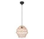 Een moderne hanglamp met een ingewikkeld, geweven ontwerp in een lichtbeige kleur, hangend aan een zwart snoer en armatuur. De gloeilamp is zichtbaar in de open, bolvormige structuur, wat warmte toevoegt aan het algehele uiterlijk.