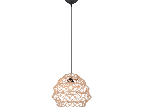 Een moderne hanglamp met een ingewikkeld, geweven ontwerp in een lichtbeige kleur, hangend aan een zwart snoer en armatuur. De gloeilamp is zichtbaar in de open, bolvormige structuur, wat warmte toevoegt aan het algehele uiterlijk.