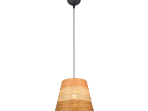 Een enkele, hangende hanglamp met een zwart snoer hangt aan een beige, getextureerde lampenkap. De lampenkap heeft een gelaagde, geweven uitstraling, wat een warme en rustieke look creëert.