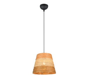 Een enkele, hangende hanglamp met een zwart snoer hangt aan een beige, getextureerde lampenkap. De lampenkap heeft een gelaagde, geweven uitstraling, wat een warme en rustieke look creëert.