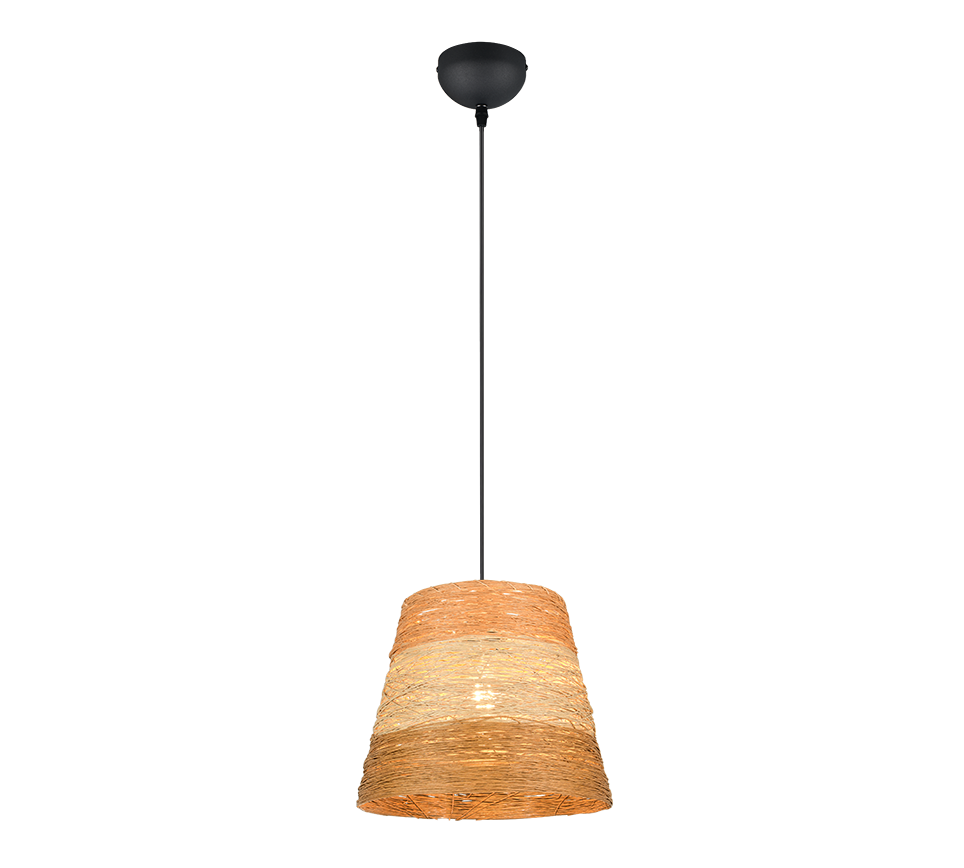 Een enkele, hangende hanglamp met een zwart snoer hangt aan een beige, getextureerde lampenkap. De lampenkap heeft een gelaagde, geweven uitstraling, wat een warme en rustieke look creëert.