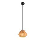 Een hangende hanglamp met een kap van gevlochten riet in een zeshoekige vorm, opgehangen aan een zwart snoer aan een zwarte plafondbevestiging, die een warm licht verspreidt.