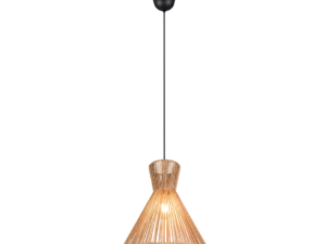 Een moderne hanglamp met een zwart snoer en een conische kap van geweven rotan, wat een warm, gloeiend effect creëert. De lamp hangt aan een zwarte plafondbevestiging.